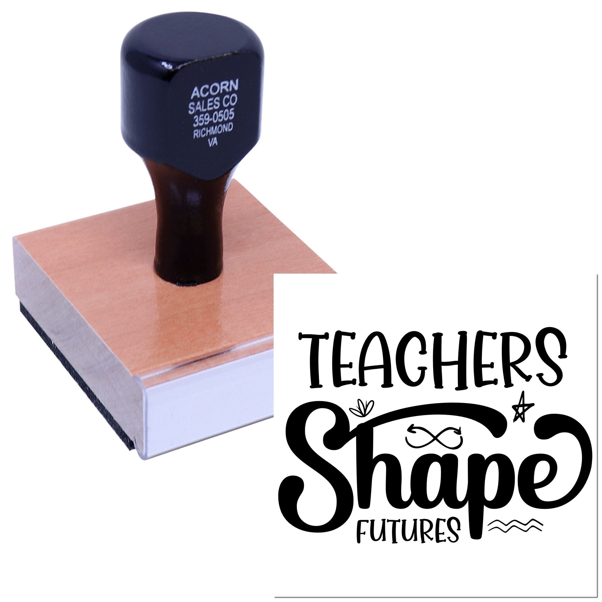 Teachers Shape Futures custom rubber stamp with wooden handle, ideal for classroom projects, teacher appreciation, and crafts.