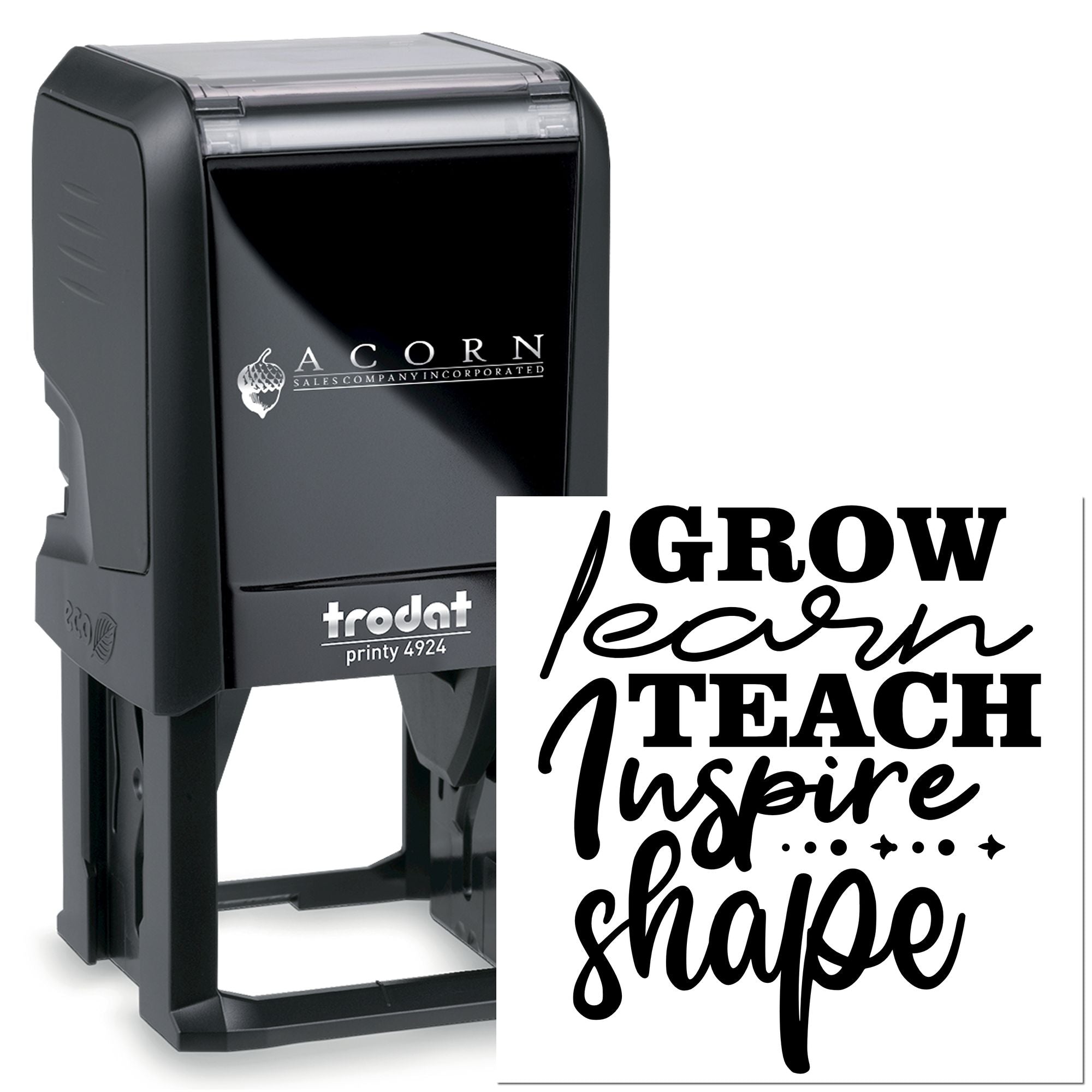 Custom self-inking teacher rubber stamp with Grow, Learn, Teach, Inspire, Shape design for classrooms.