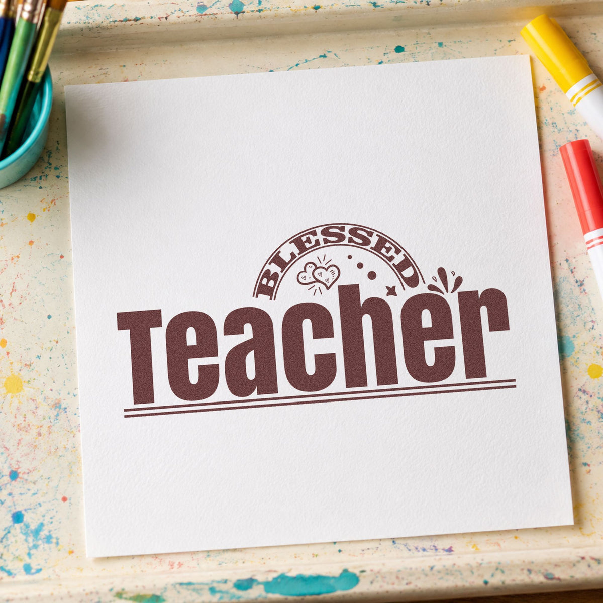 Teacher Rainbow And Flowers rubber stamp printed in brown ink, ready for flower pot labels and similar paper crafts.