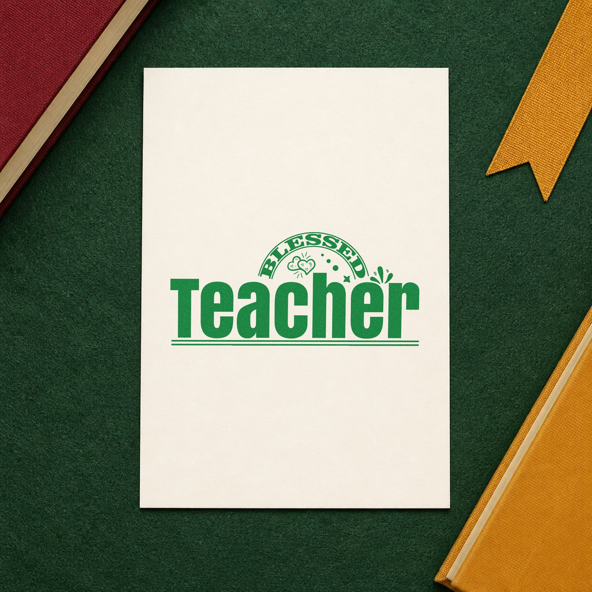 Teacher Rainbow And Flowers craft stamp imprint in green ink on a handmade project, one idea being framed reception arch.