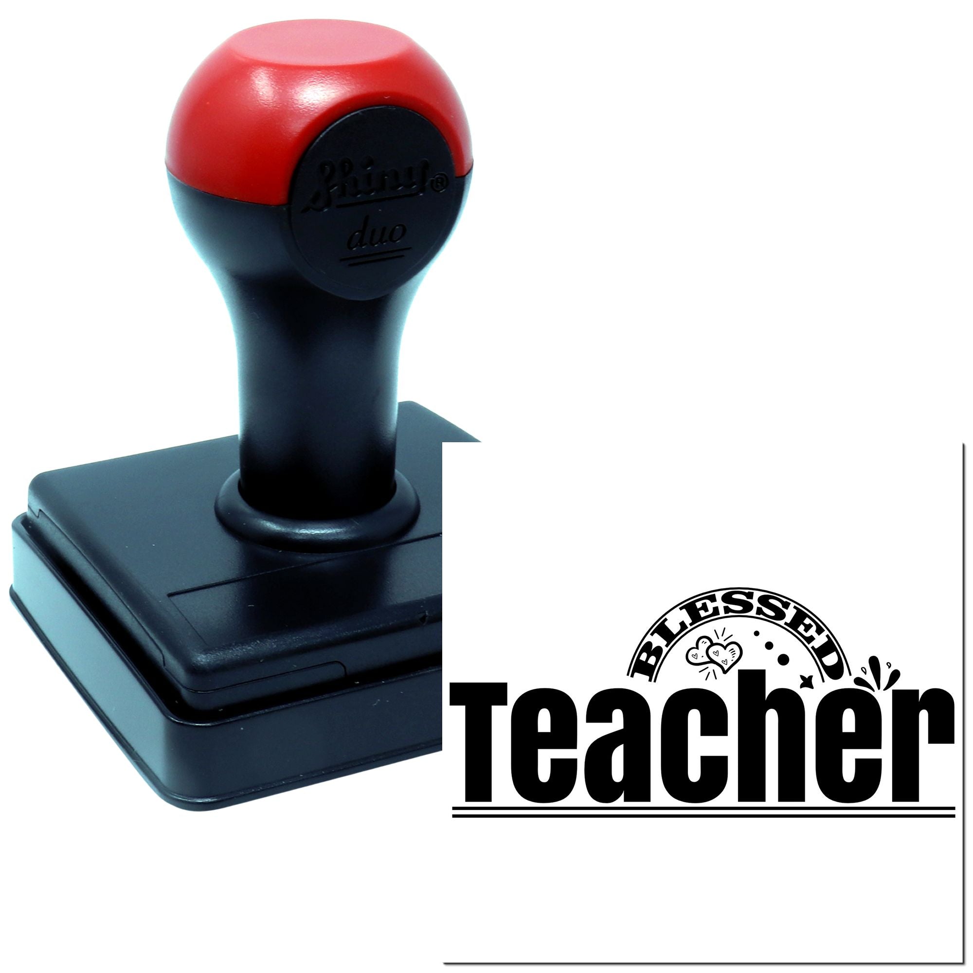 Custom self-inking teacher rubber stamp with Blessed Teacher design for classroom grading and rewards.