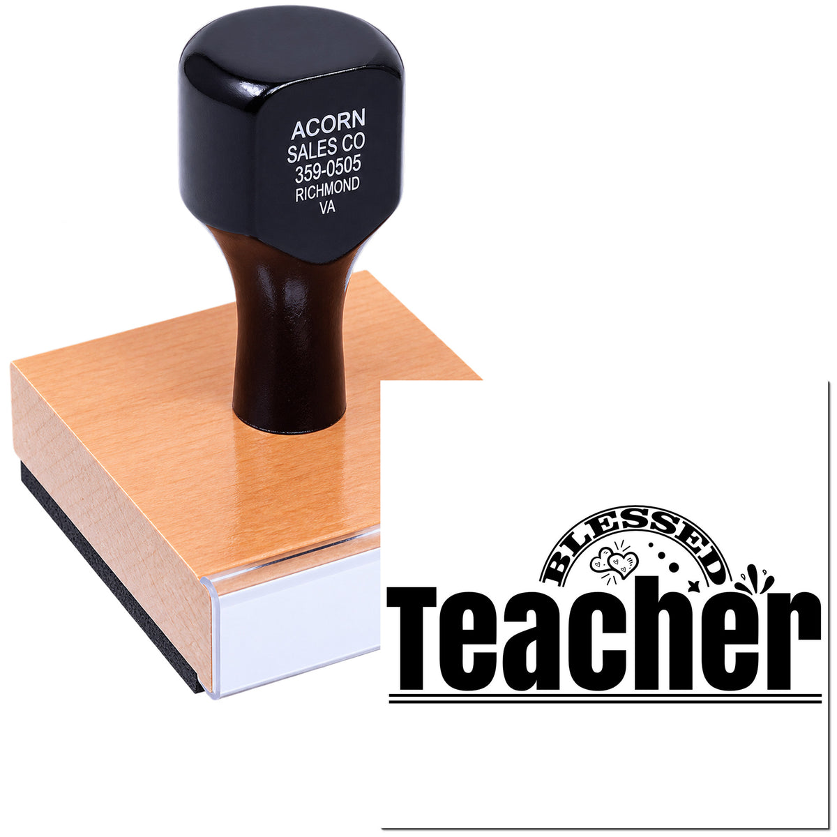 Custom teacher rubber stamp on a wood-mounted block for grading, classroom notes, and schoolwork.