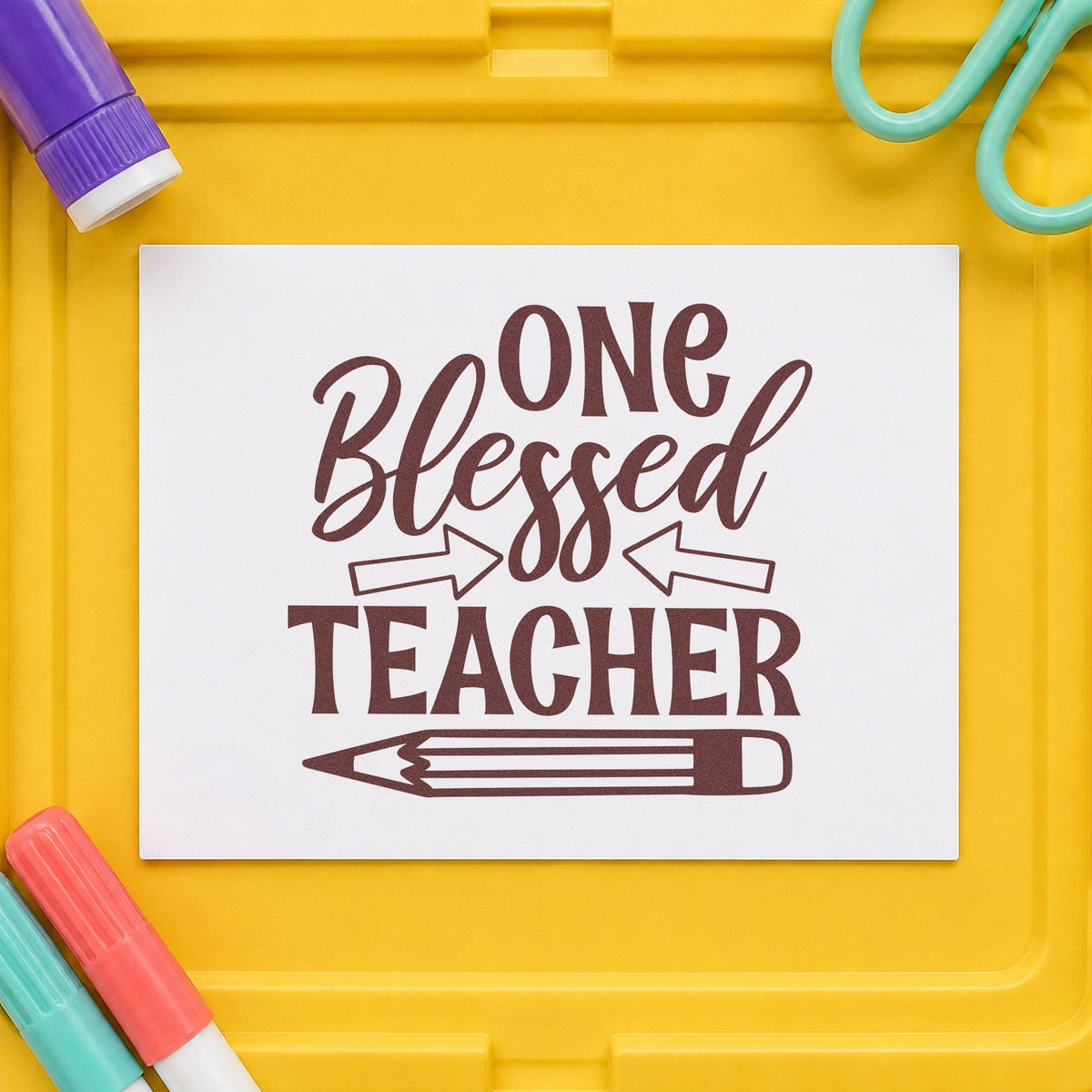 One Blessed Teacher Pencil rubber stamp printed in brown ink, ready for water jug labels and similar paper crafts.