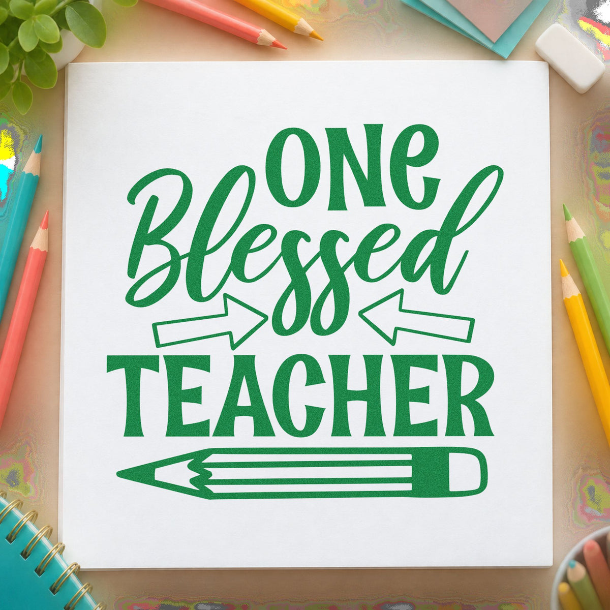 One Blessed Teacher Pencil craft stamp imprint in green ink on a handmade project, one idea being framed mission board.