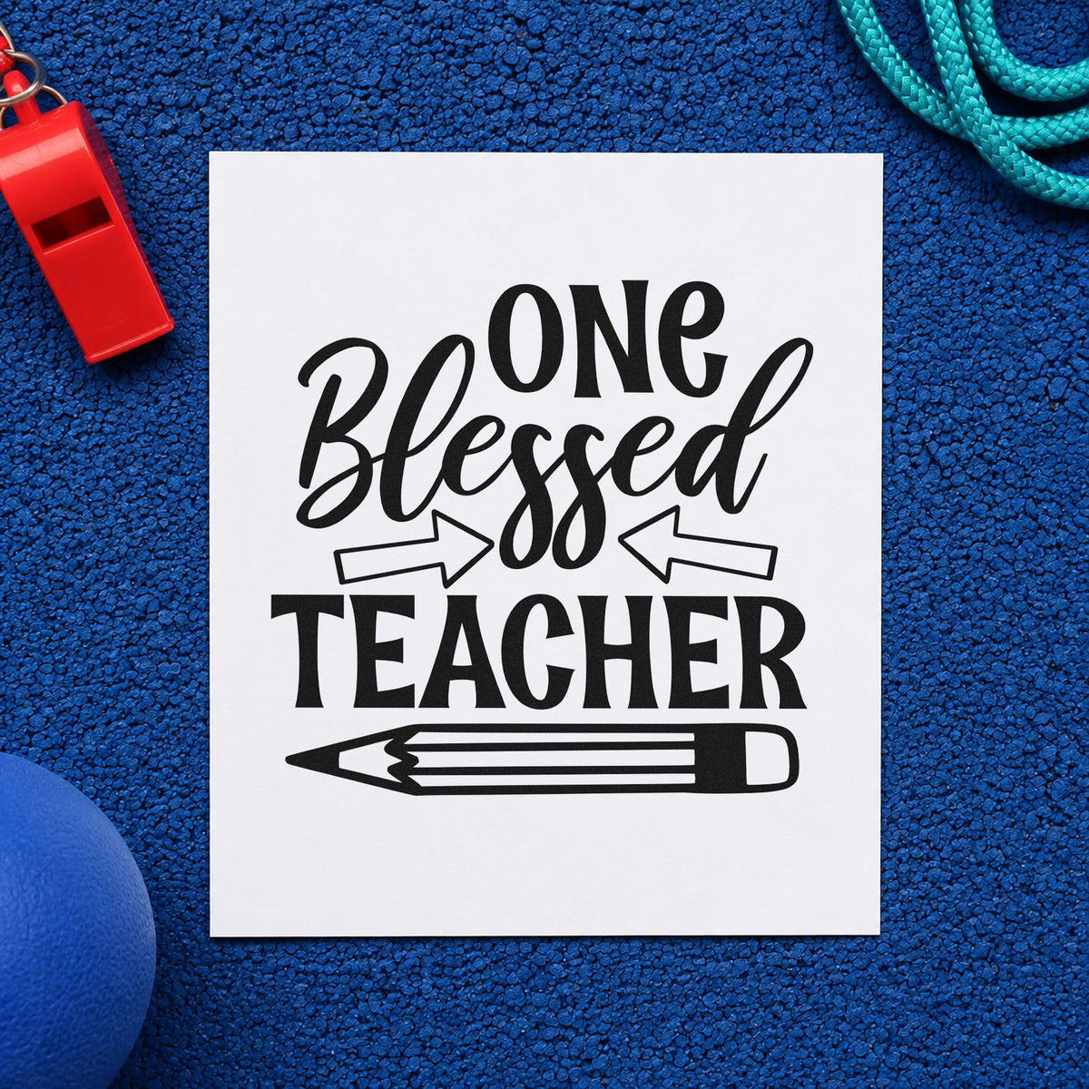 One Blessed Teacher Pencil rubber stamp printed in black ink, ready for outlined arrows cards and similar paper crafts.