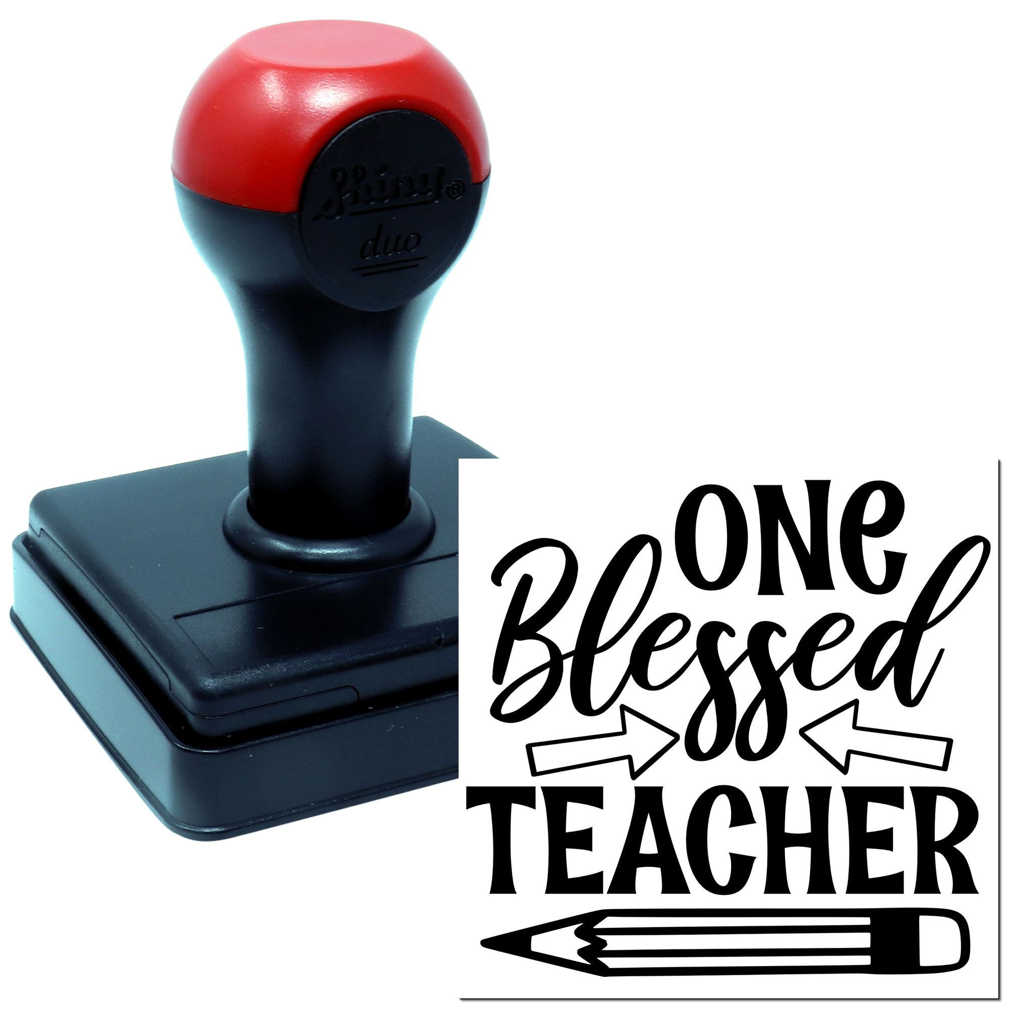 Self-inking rubber stamp with One Blessed Teacher design for teacher gifts, classroom crafts, and personalized stamping.