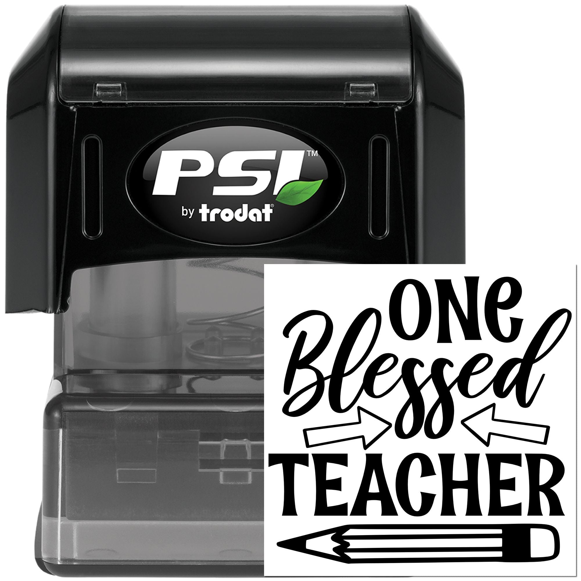 Self-inking PSI by Trodat rubber stamp with One Blessed Teacher design for teacher appreciation and classroom gifts.