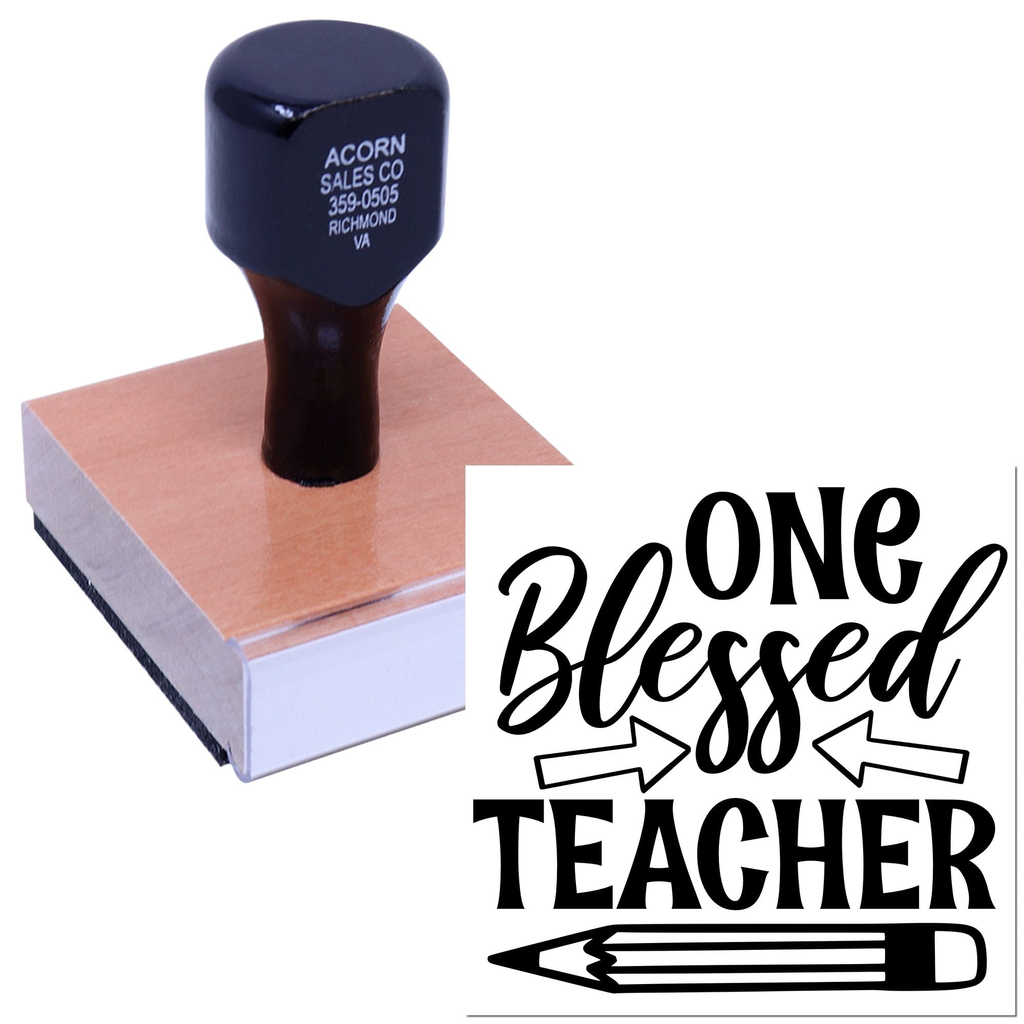 One Blessed Teacher custom rubber stamp on a wood block, ideal for teacher appreciation cards, crafts, and classroom gifts.