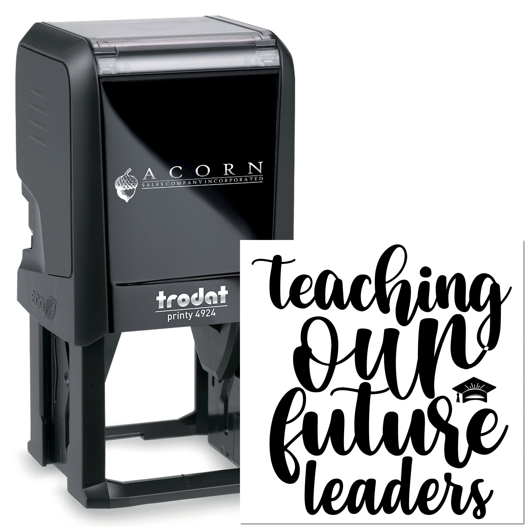 Custom self-inking rubber stamp with Teaching Our Future Leaders design for teachers and classroom use.