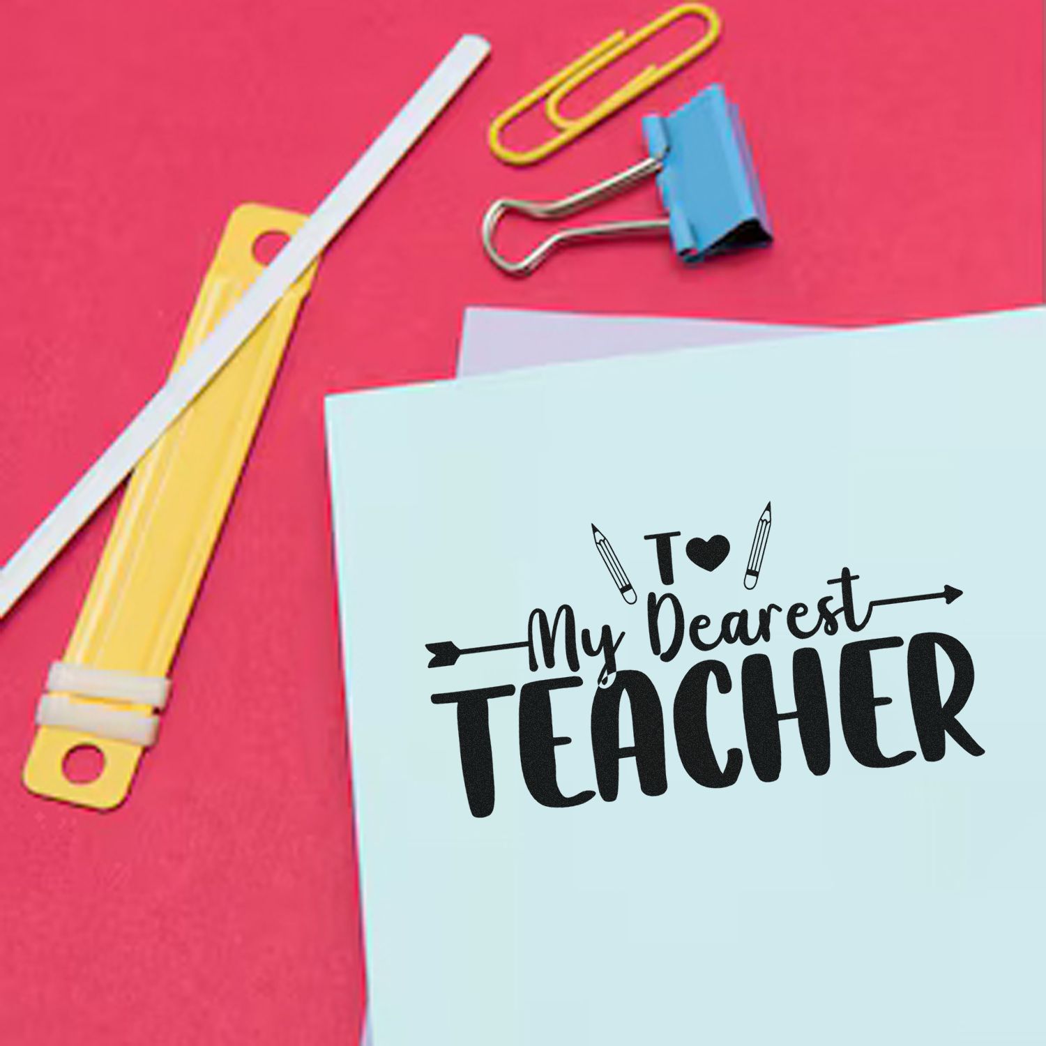 Teacher rubber stamp on stationery with My Dearest Teacher message for classroom appreciation and gift packaging.