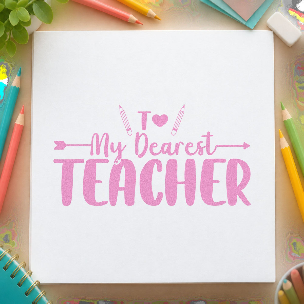My Dearest Teacher craft stamp in purple ink on cardstock, an easy option for letter set tags.