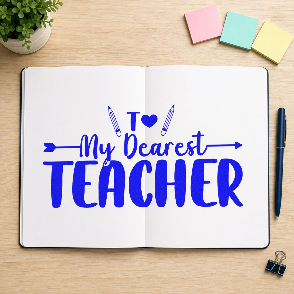 My Dearest Teacher craft stamp imprinted in blue ink on paper, a design suited to envelope tuck seals.