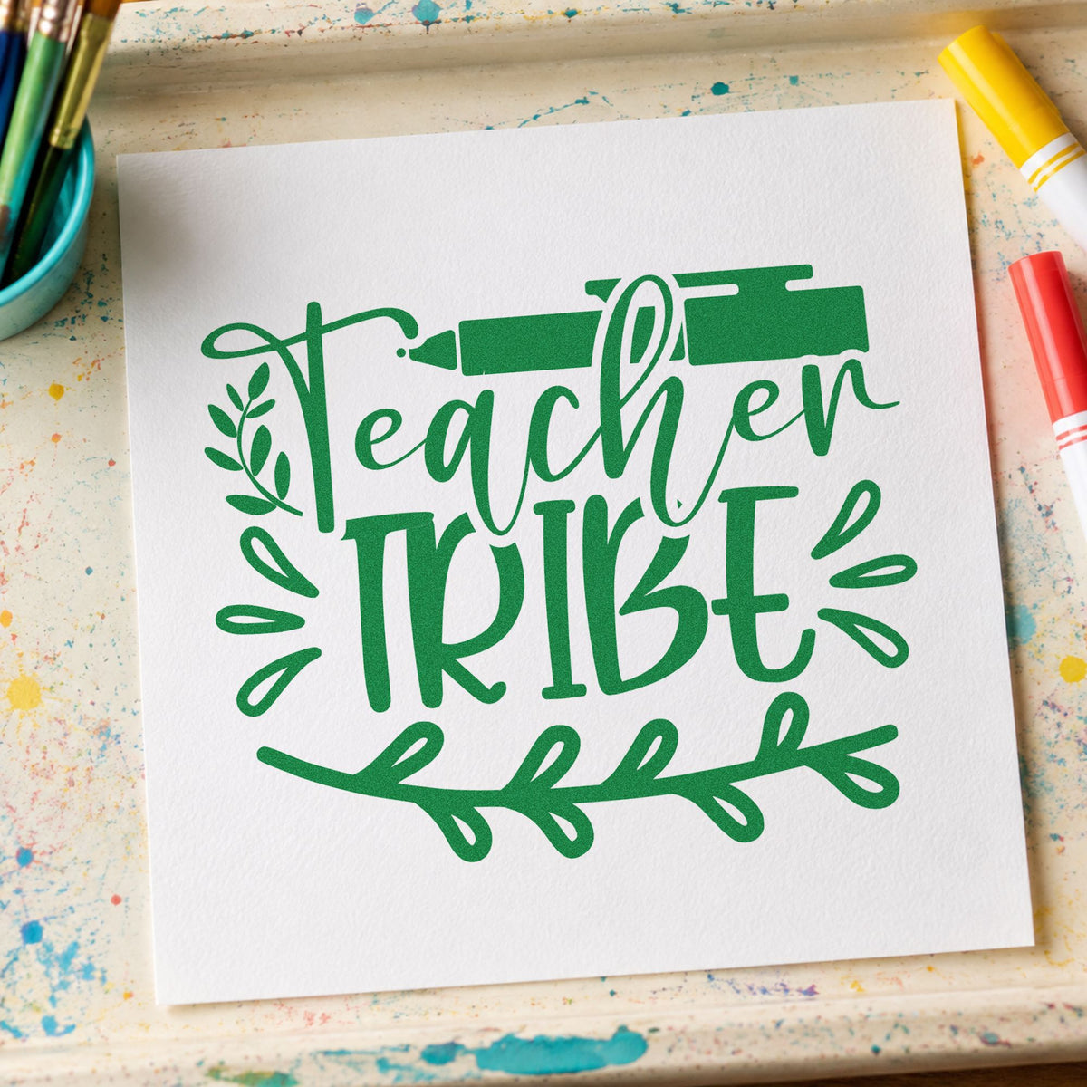 Teacher Tribe Pen And Leaves Leafy Branches Hand Stamp – Duo in use 3