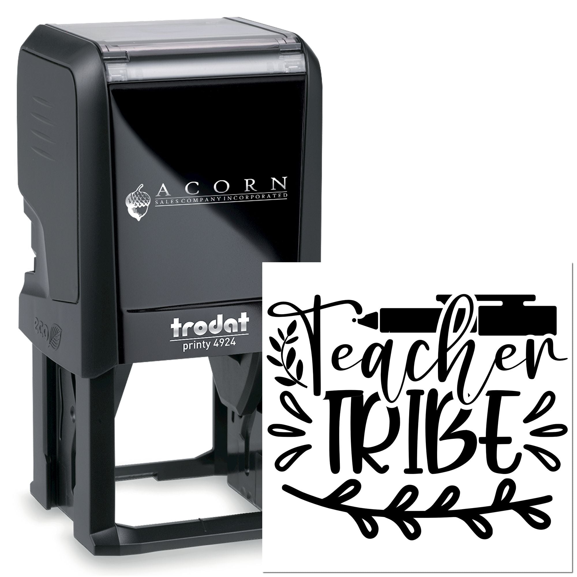 Trodat self-inking rubber stamp with Teacher Tribe design, perfect for classroom labels, crafts, and teacher gifts.