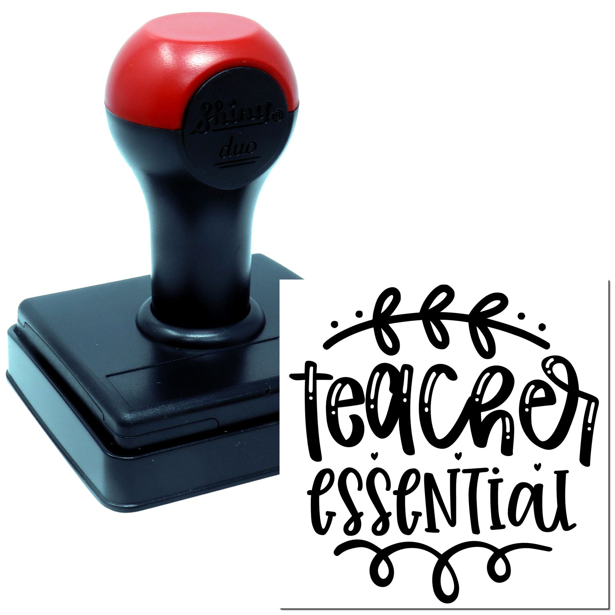 Teacher Essential self-inking rubber stamp with decorative script design for classroom supplies and teacher gifts.