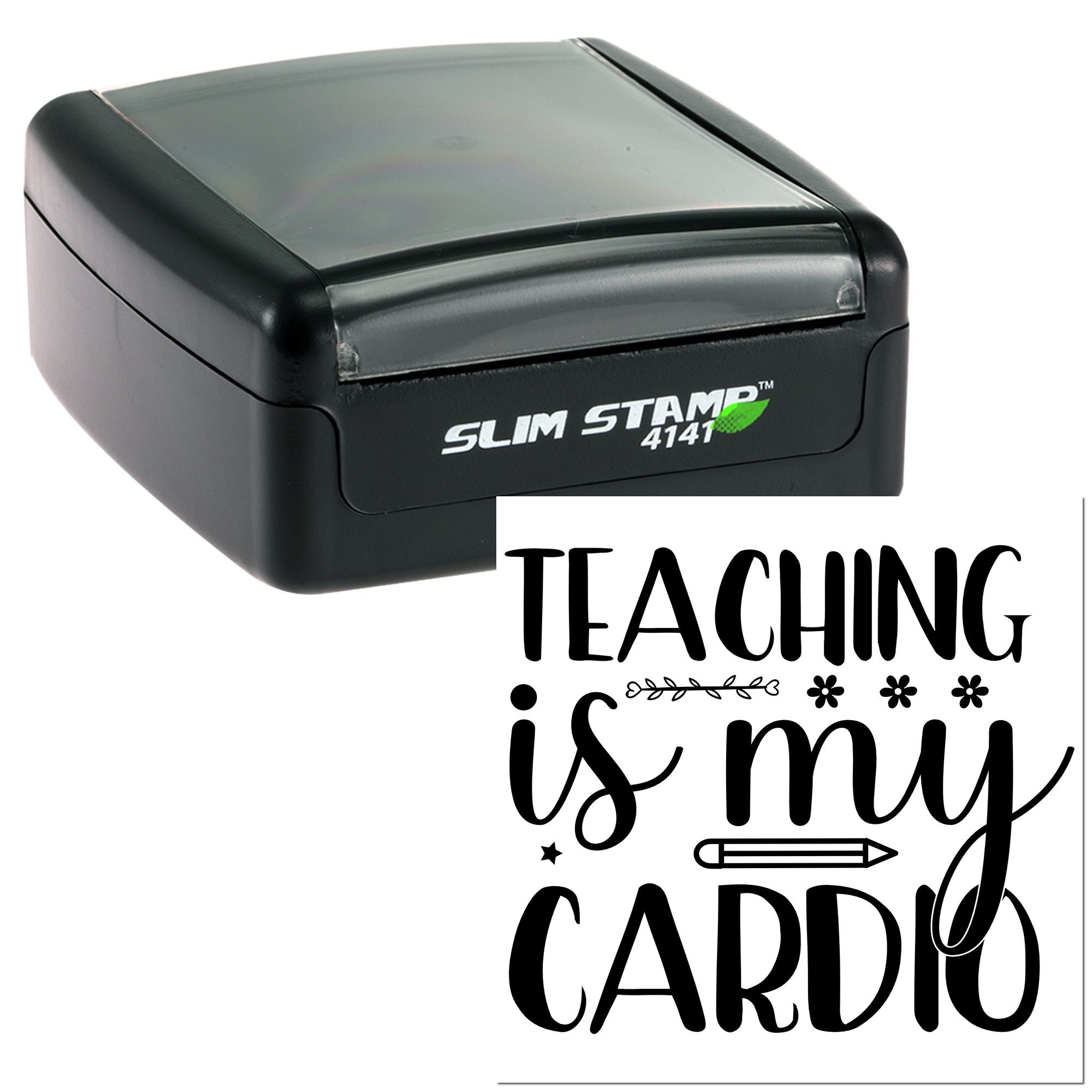 Self-inking rubber teacher stamp with Teaching is my cardio custom imprint for classroom use and teacher gifts.