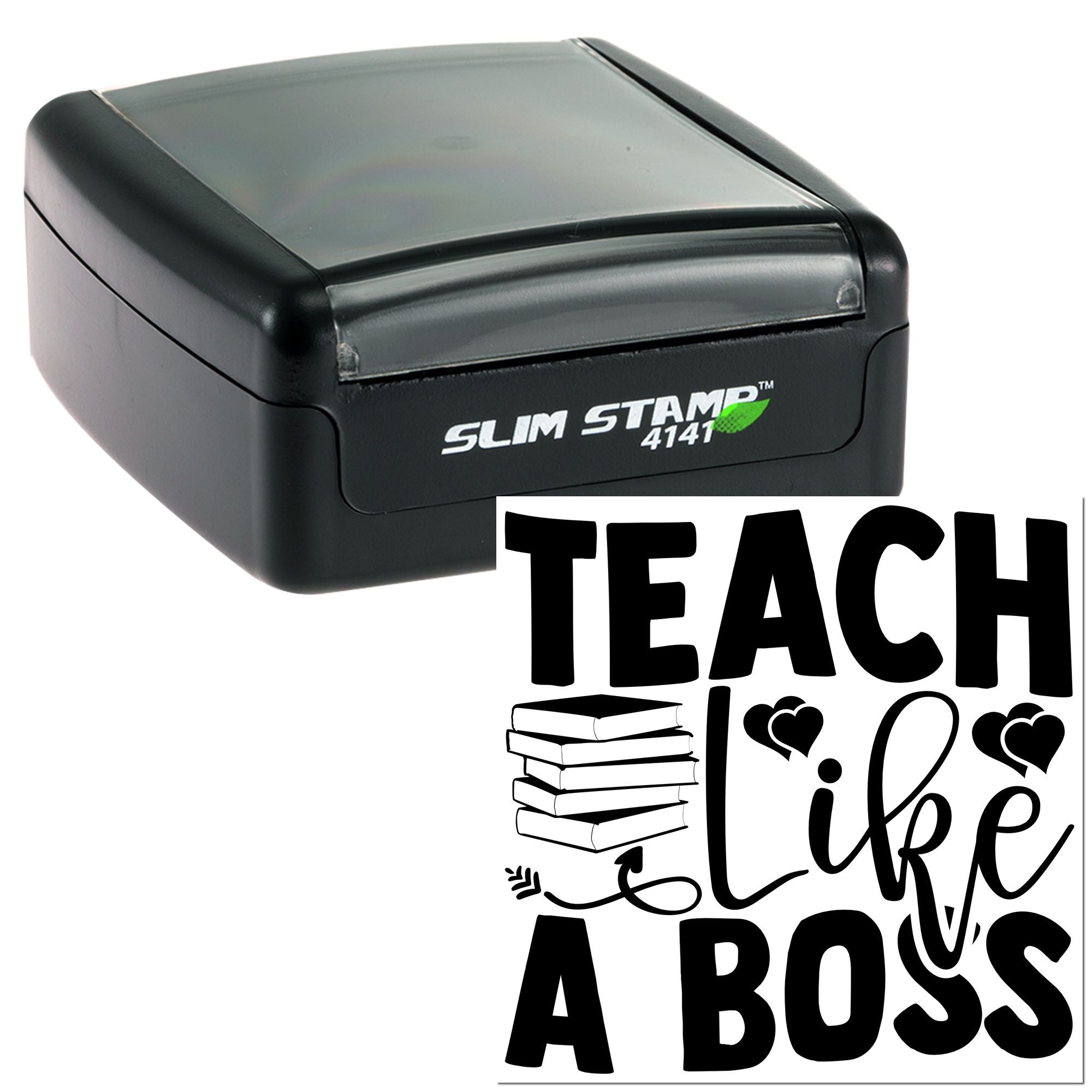 Teacher self-inking rubber stamp with Teach, Love, a Boss design featuring books and hearts for classroom use.