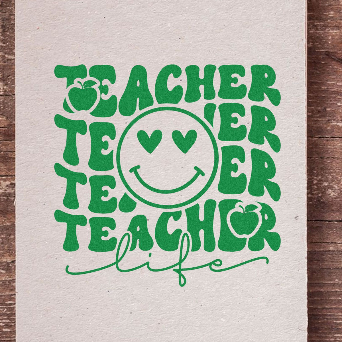 Teacher life rubber stamp design with retro smiley face and apple icons for classroom crafts, planners, and educator gifts.