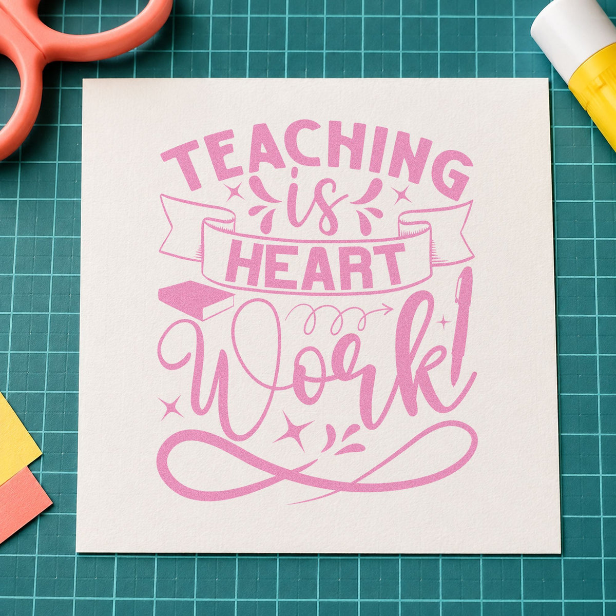 Teaching Is Heart Work craft stamp in purple ink on cardstock, an easy option for governor gift tags.