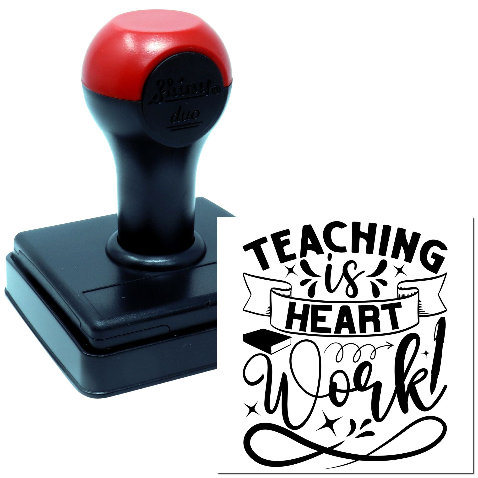 Self-inking rubber stamp with Teaching is Heart Work design for teachers, classroom crafts, and educational rewards.
