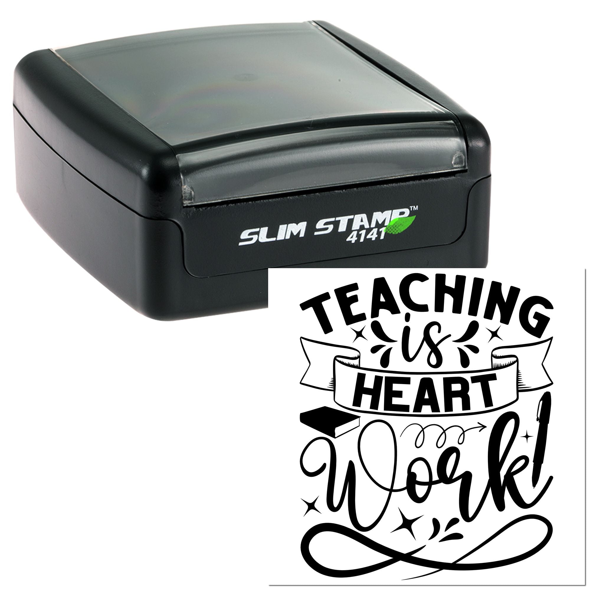 Self-inking Slim Stamp 4141 with Teaching Is Heart Work design, ideal custom rubber stamp for teachers and classroom use.