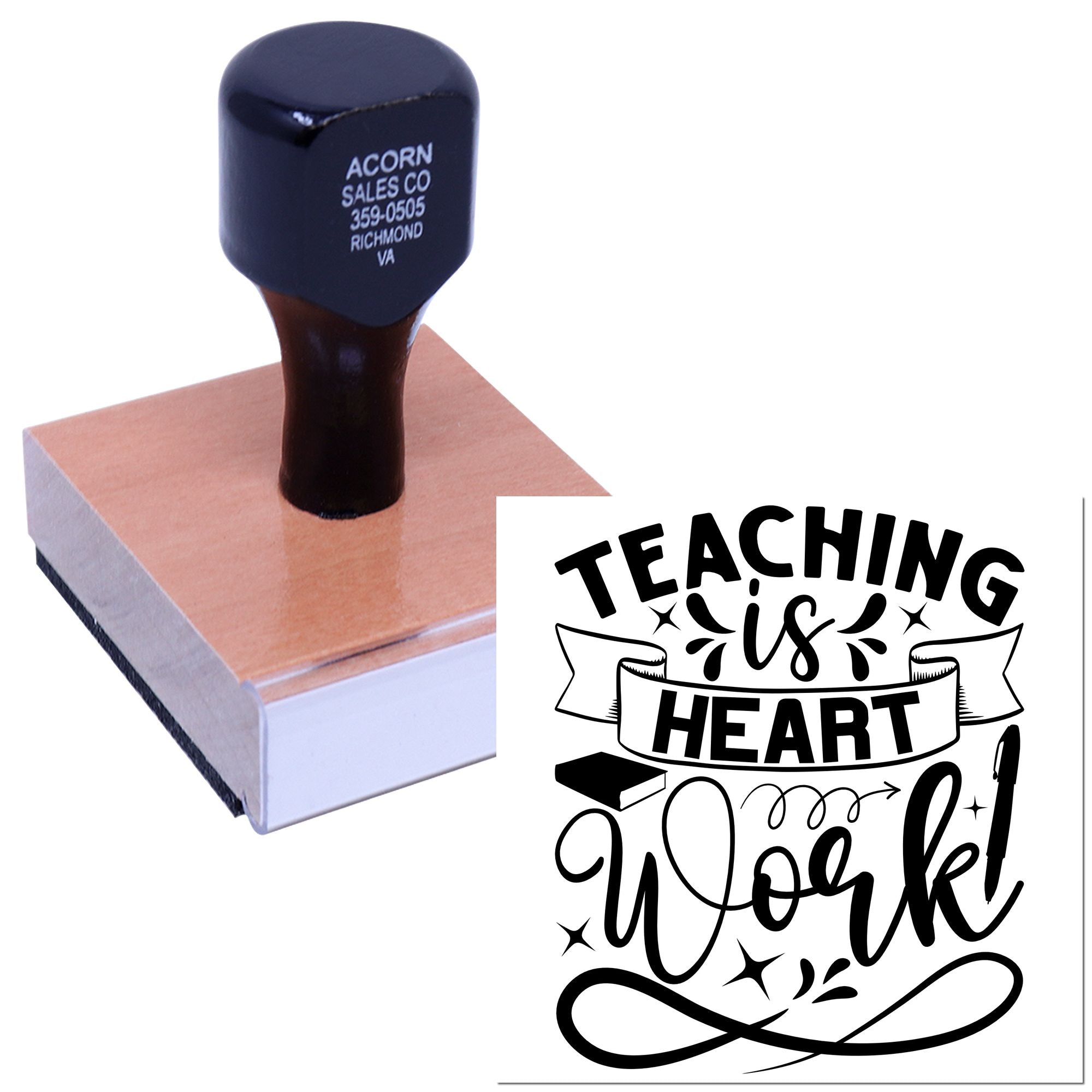 Custom teacher rubber stamp featuring Teaching Is Heart Work for classroom projects, educator gifts, and lesson planning.