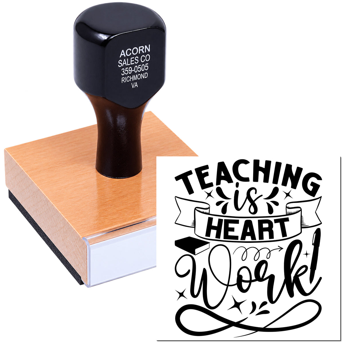 Custom teacher rubber stamp featuring Teaching Is Heart Work for classroom projects, educator gifts, and lesson planning.