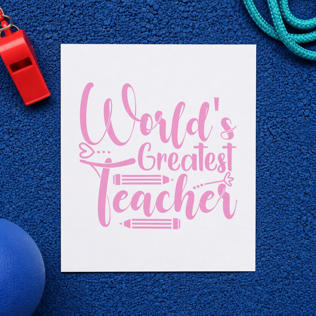 World's Greatest Teacher Pencils craft stamp in purple ink on cardstock, an easy option for trophy base tags.