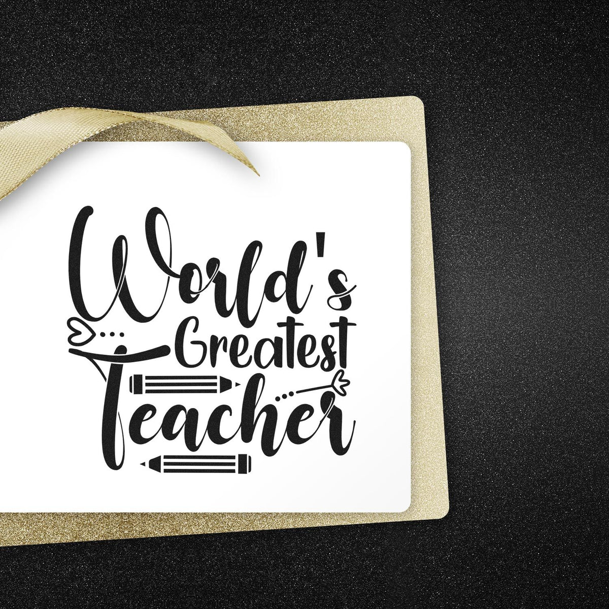 Worlds Greatest Teacher rubber stamp design with pencil accents, perfect for teacher appreciation cards, gifts, and classroom crafts.