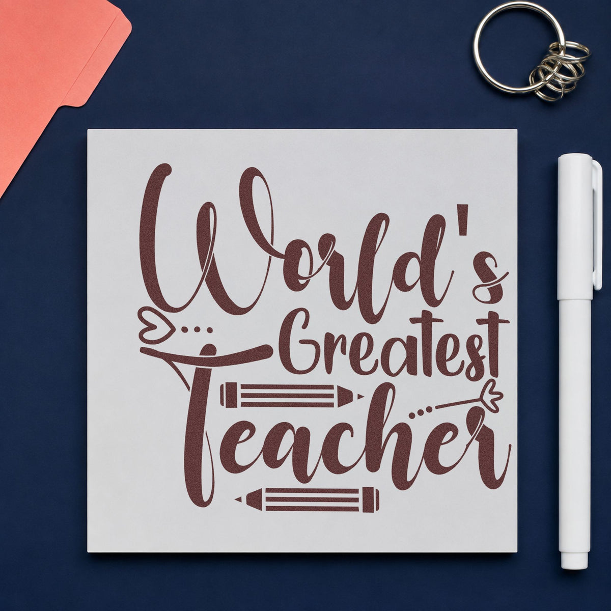World's Greatest Teacher Pencils rubber stamp printed in brown ink, ready for cabinet shelf labels and similar paper crafts.