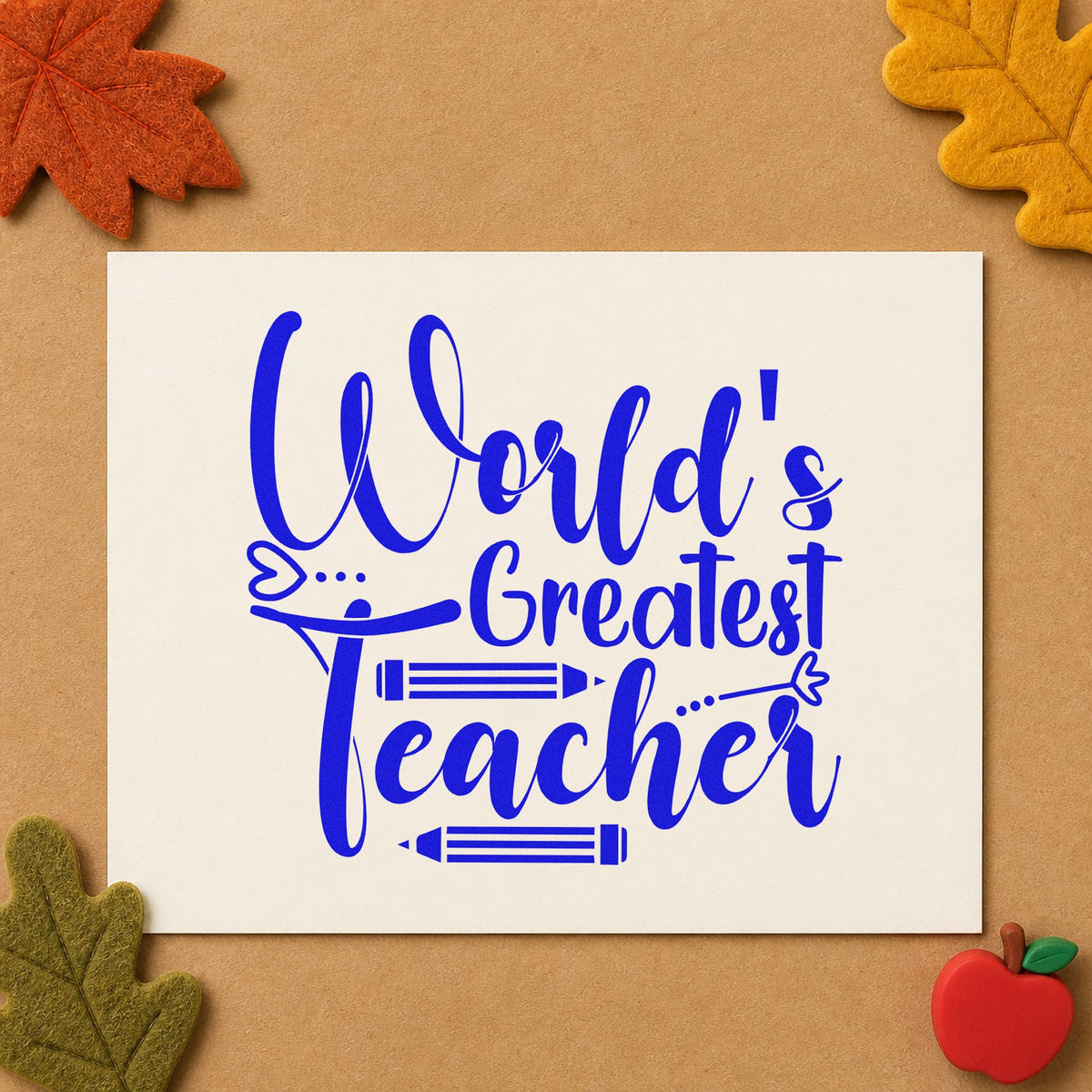 World's Greatest Teacher Pencils craft stamp imprinted in blue ink on paper, a design suited to nomination seals.