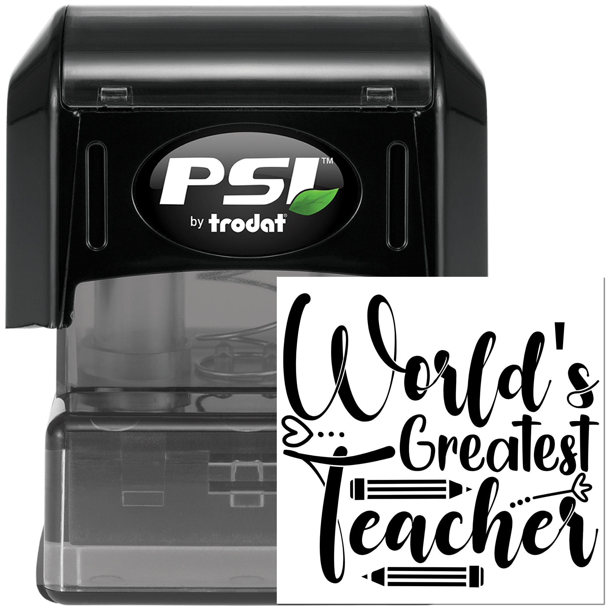 PSI by Trodat self-inking rubber stamp with Worlds Greatest Teacher custom teacher stamp design