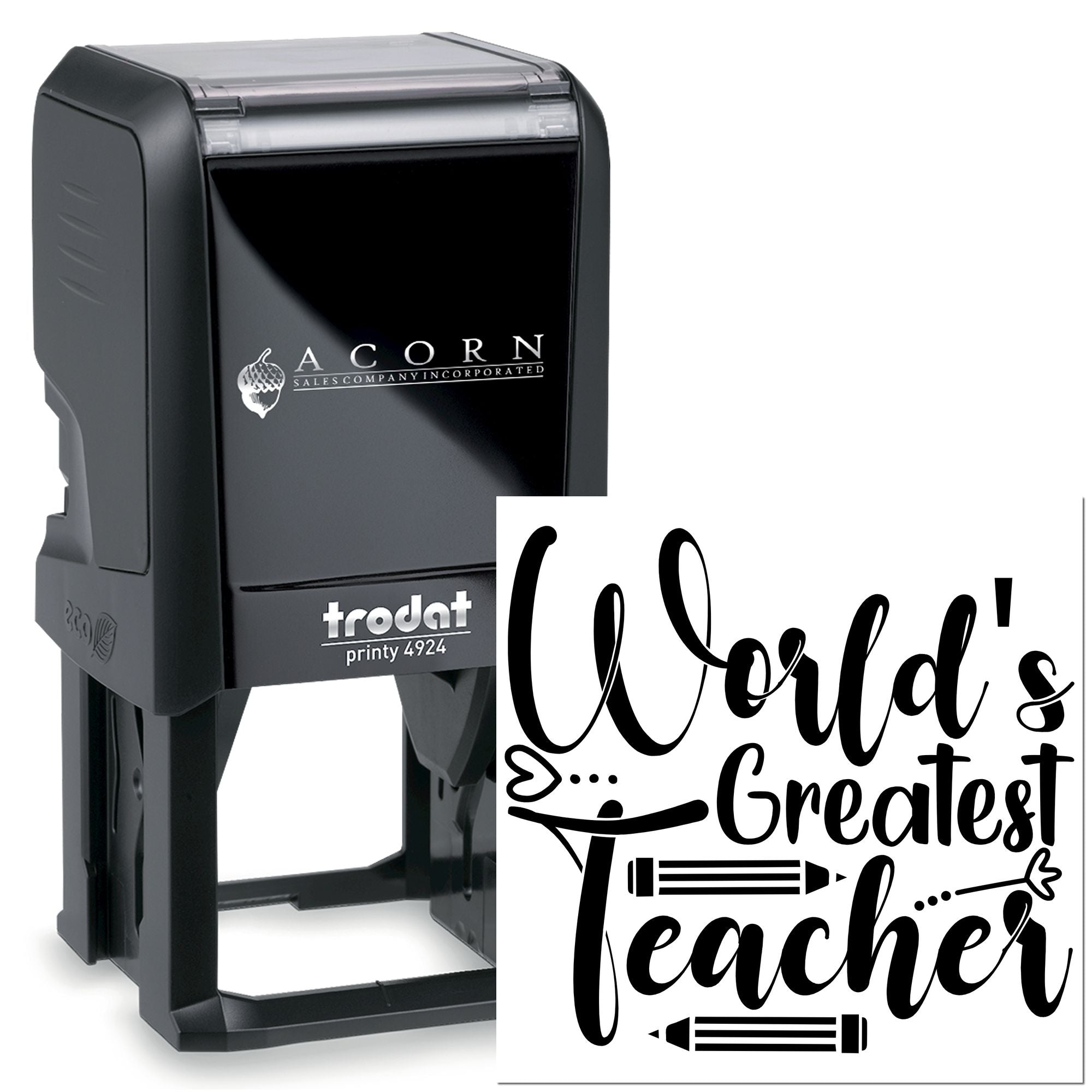 Custom self-inking rubber stamp with Worlds Greatest Teacher design, ideal for teachers, classroom rewards, and personalized gifts.
