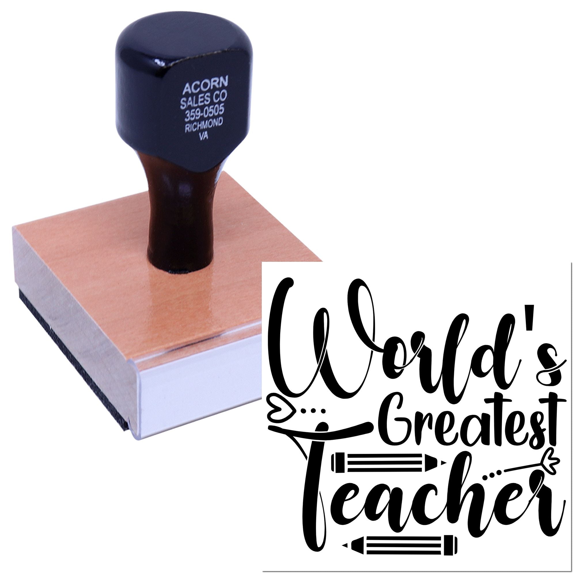 Teacher rubber stamp with Worlds Greatest Teacher design, ideal for classroom use, gifts, and school crafts.