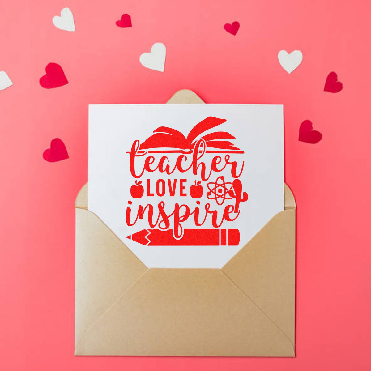 Teacher love inspire rubber stamp design on a card in an envelope, featuring book, apple, atom, and pencil for teacher appreciation.