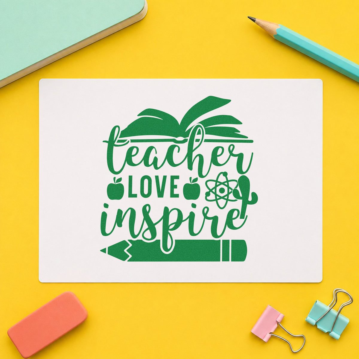 Teacher Love Inspire Learning Icons Rubber Stamp – Wood Handle in use 3