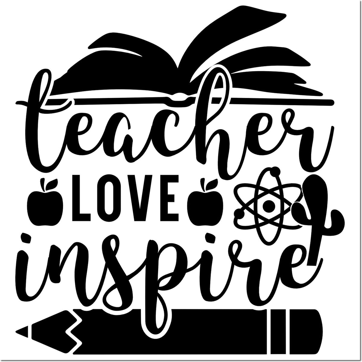 Teacher love inspire rubber stamp design with book, apple, atom, and pencil for teacher appreciation crafts.
