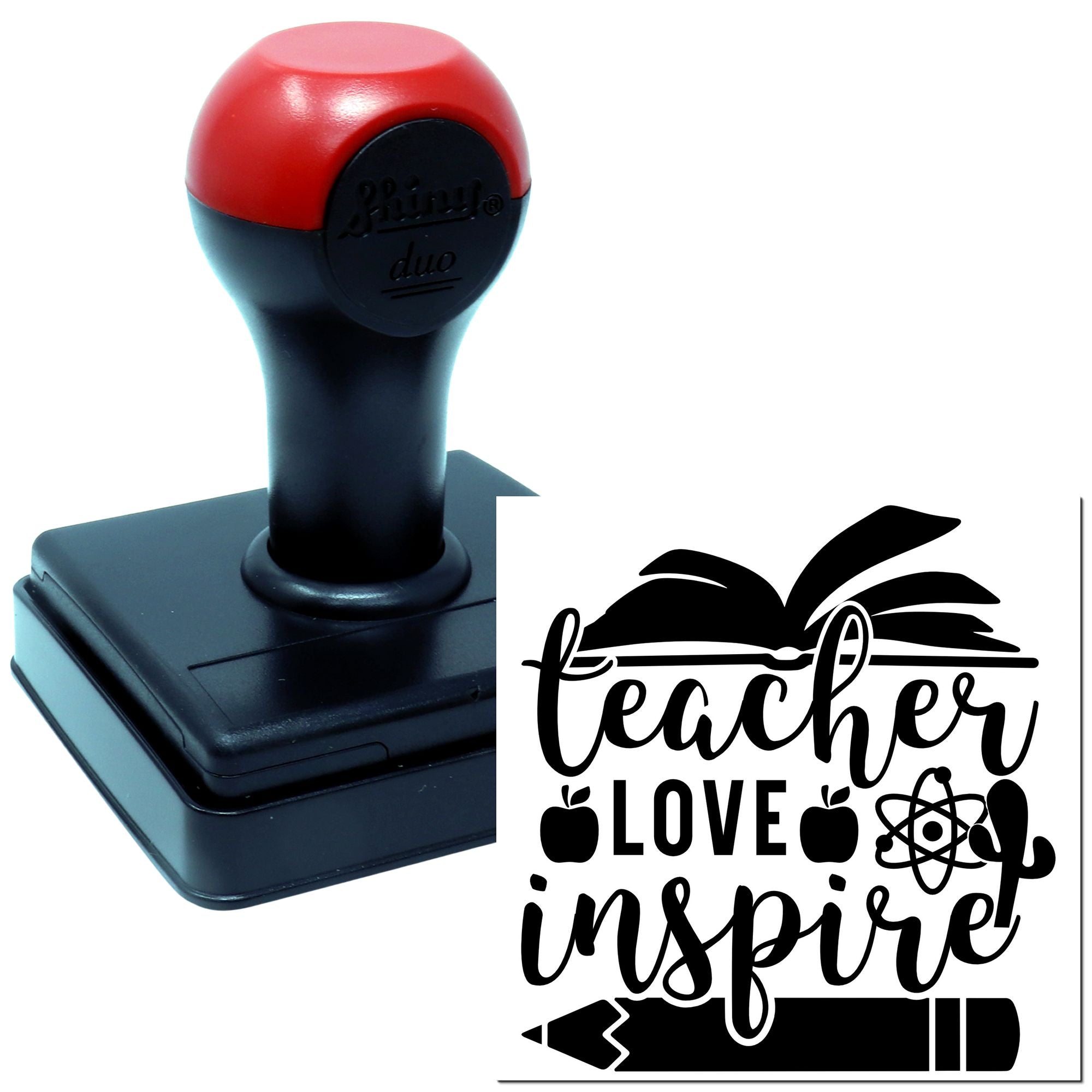 Self-inking Teacher Love Inspire rubber stamp with apple, book, pencil and science icons for classroom crafts