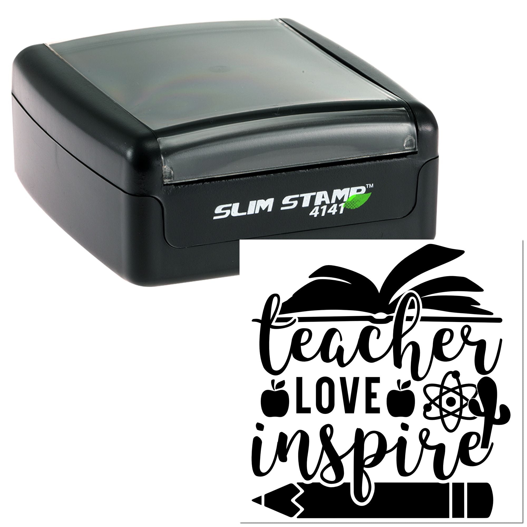 Teacher Love Inspire self-inking rubber stamp with Slim Stamp 4141 case for classroom crafts, scrapbooking, and teacher gifts.