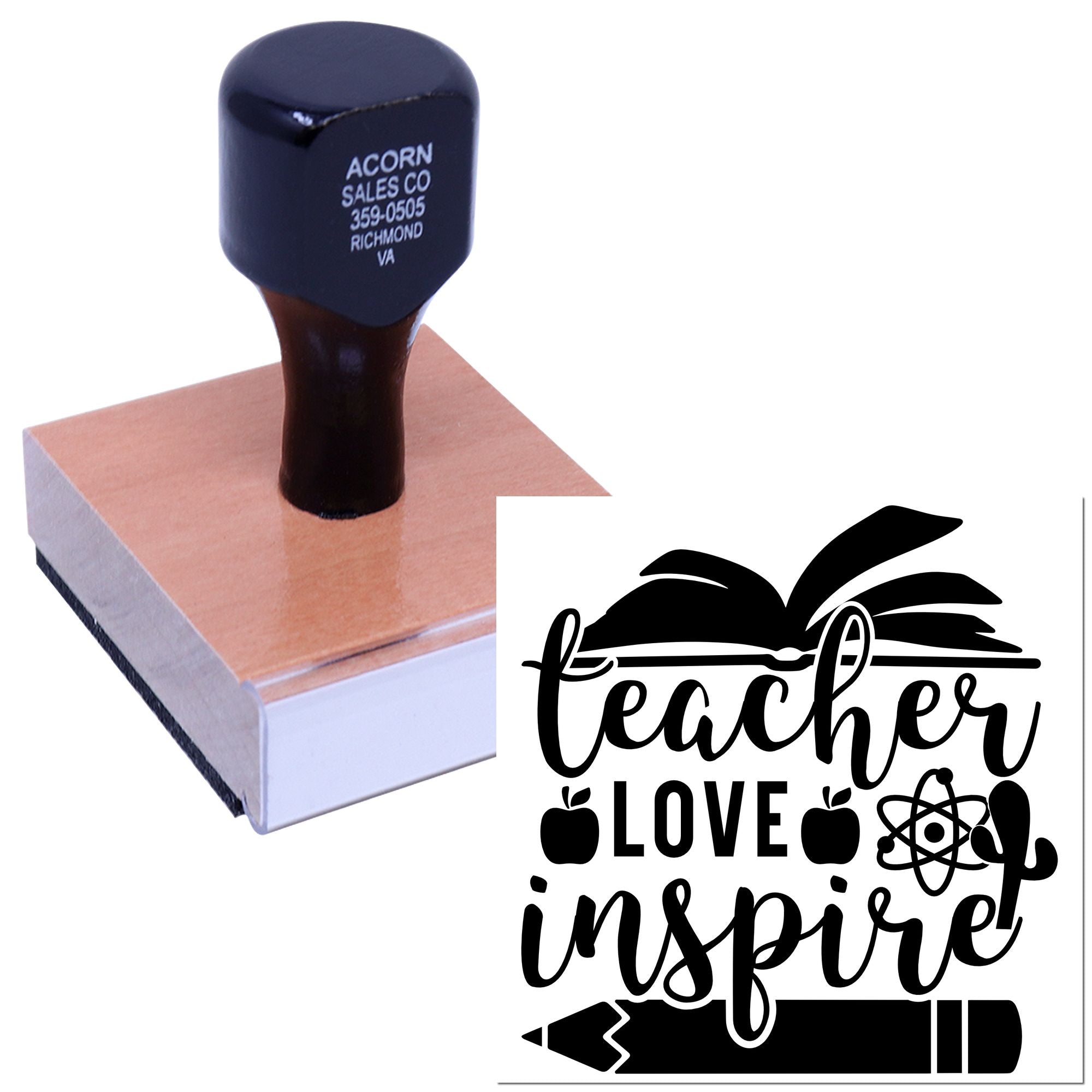 Teacher Love Inspire rubber stamp with pencil, apple, and science icons for classroom crafts and teacher gifts.