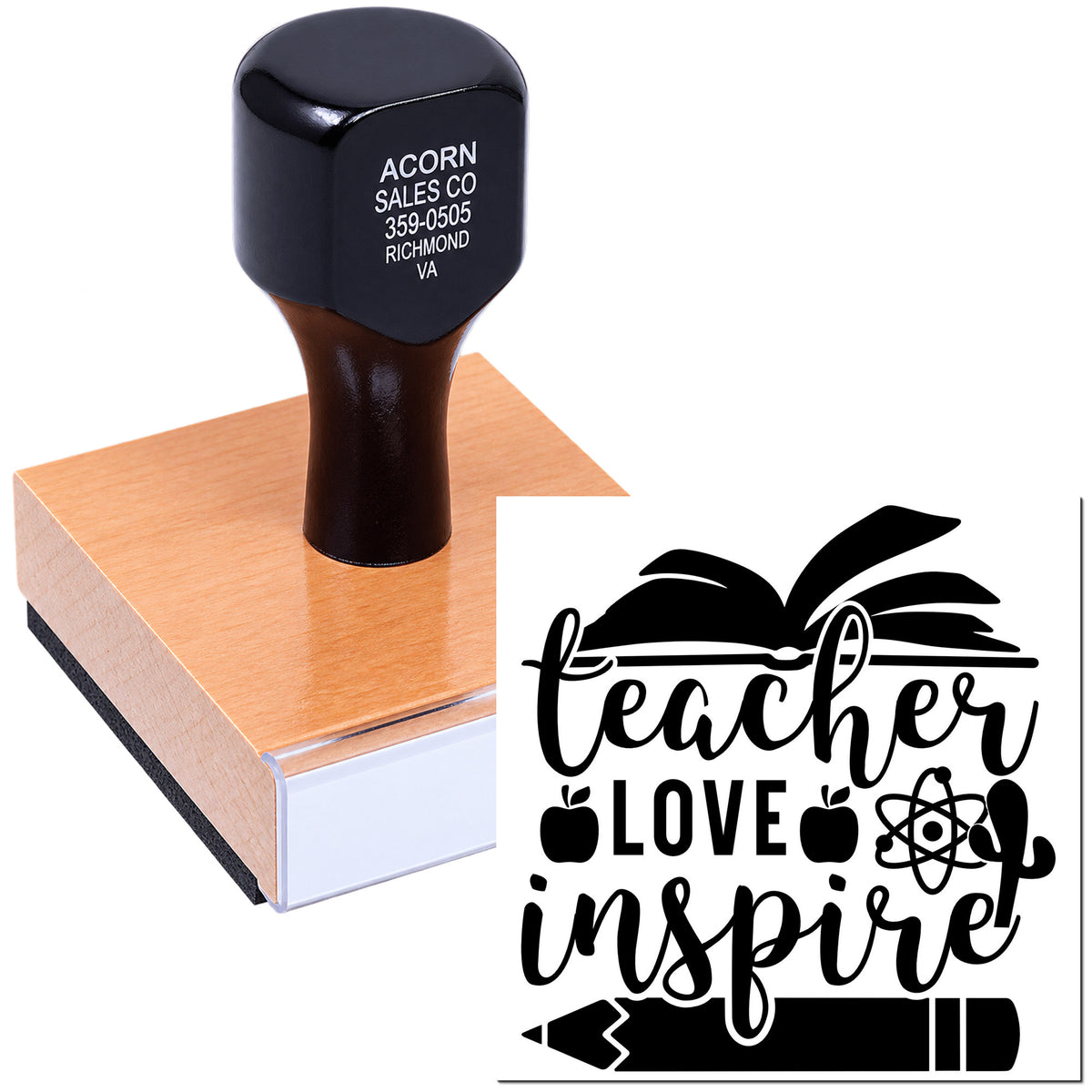 Teacher Love Inspire rubber stamp with pencil, apple, and science icons for classroom crafts and teacher gifts.