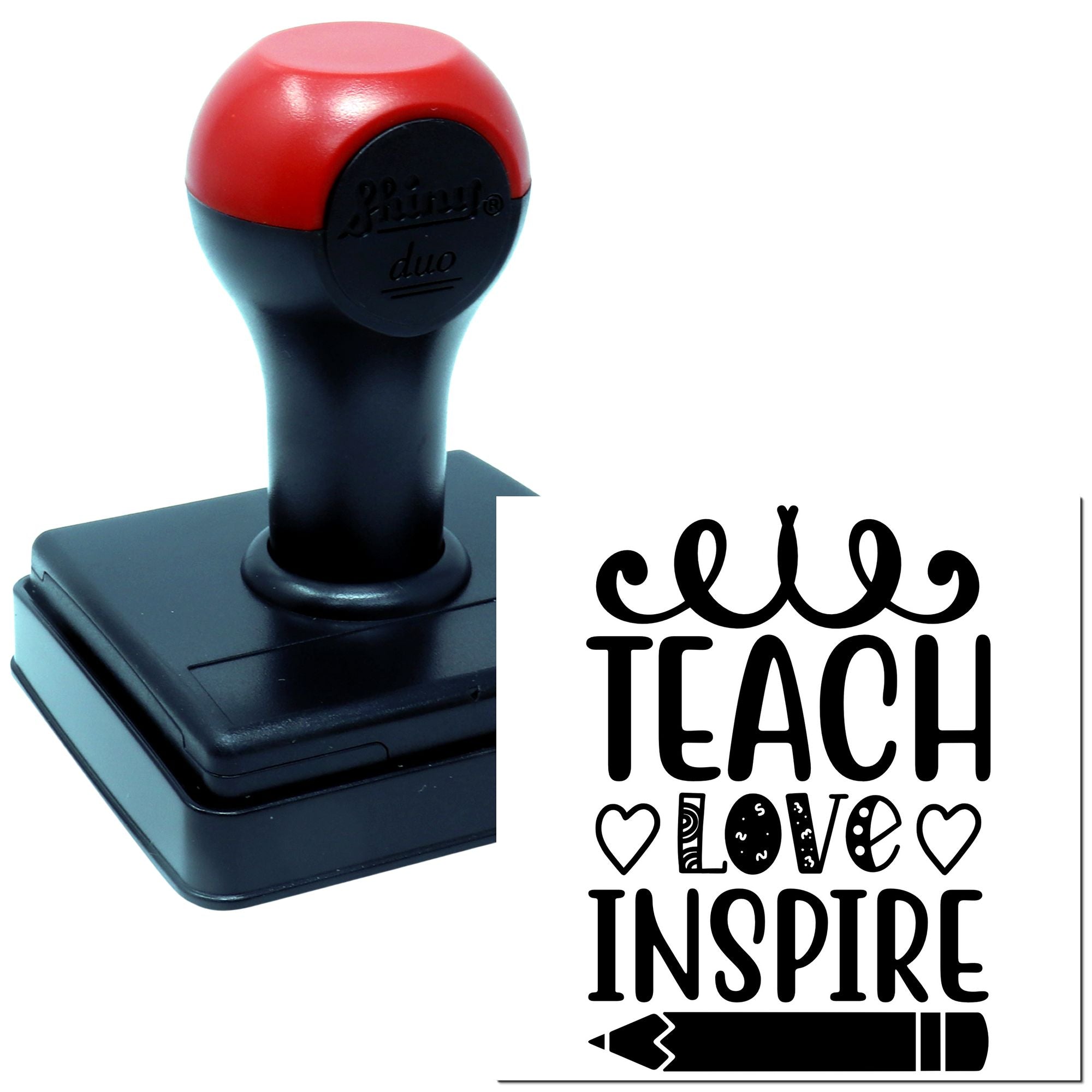 Self-inking rubber stamp with Teach Love Inspire design, perfect for teacher crafts, classroom use and gift packaging.