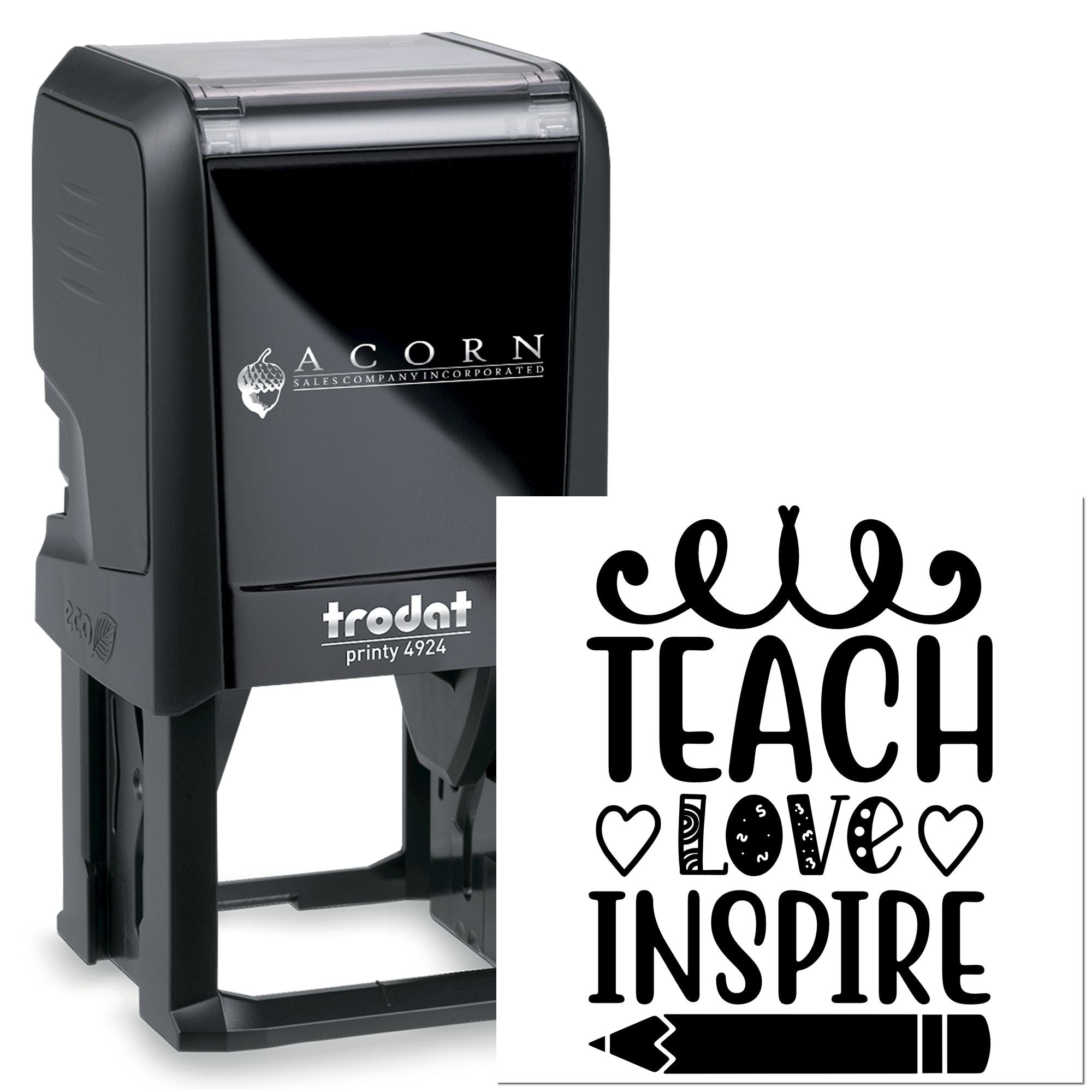 Self-inking teacher rubber stamp with Teach Love Inspire design for classroom use and custom crafting.