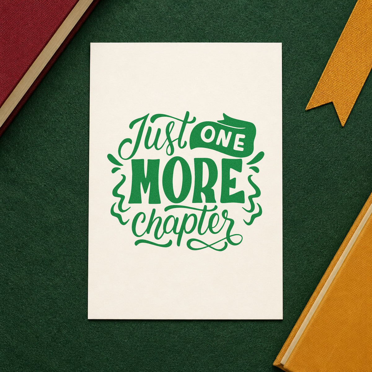 Just One More Chapter craft stamp imprint in green ink on a handmade project, one idea being chapter log pages.