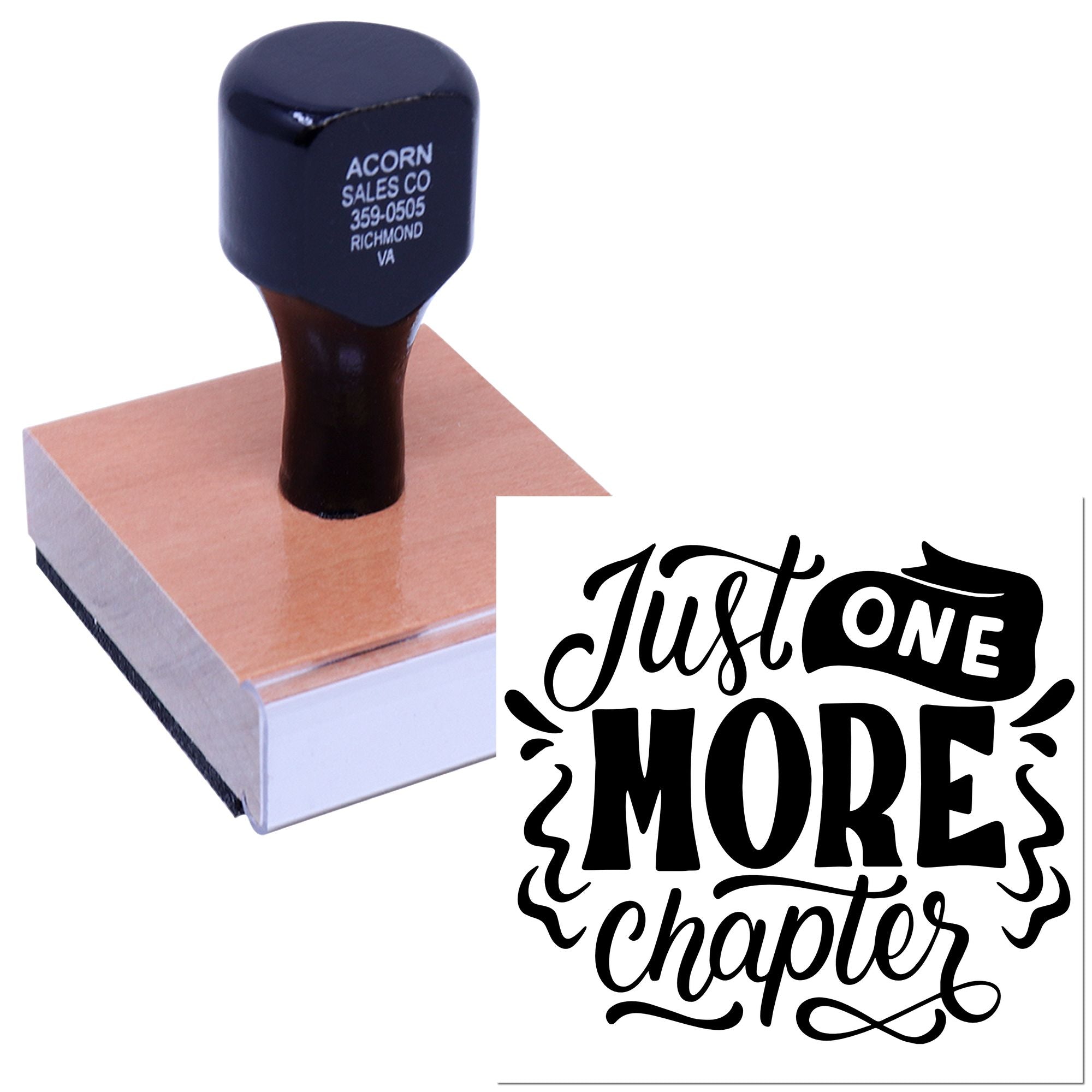 Custom rubber stamp featuring Just One More Chapter design for book lover gifts, libraries, and reading-themed branding.