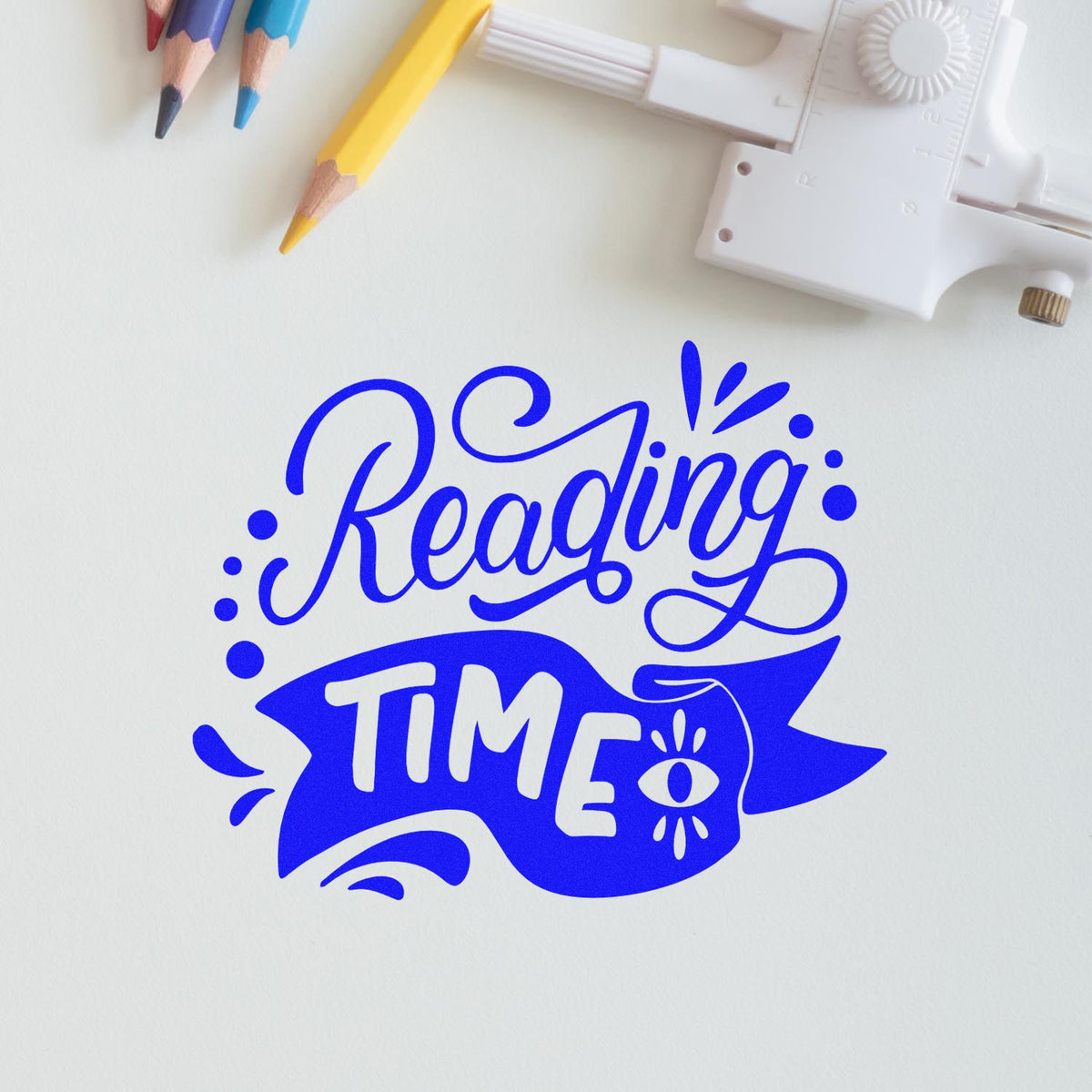 Reading Time rubber stamp design with pencils for classrooms, library crafts, and reading incentive projects.