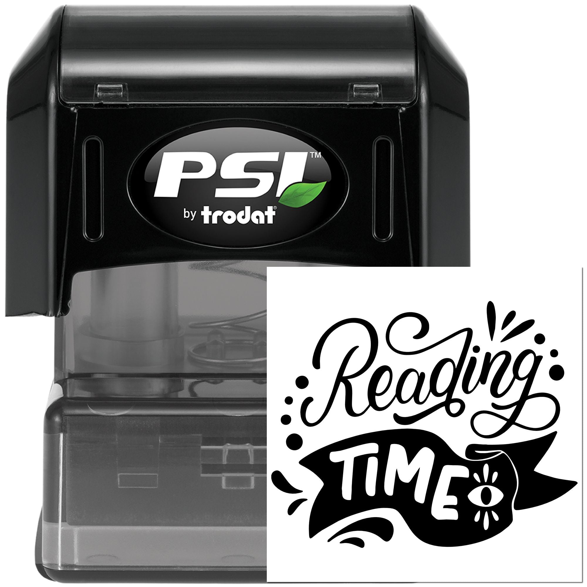 PSI by Trodat self-inking rubber stamp with custom Reading Time design for books, libraries, and reading events.