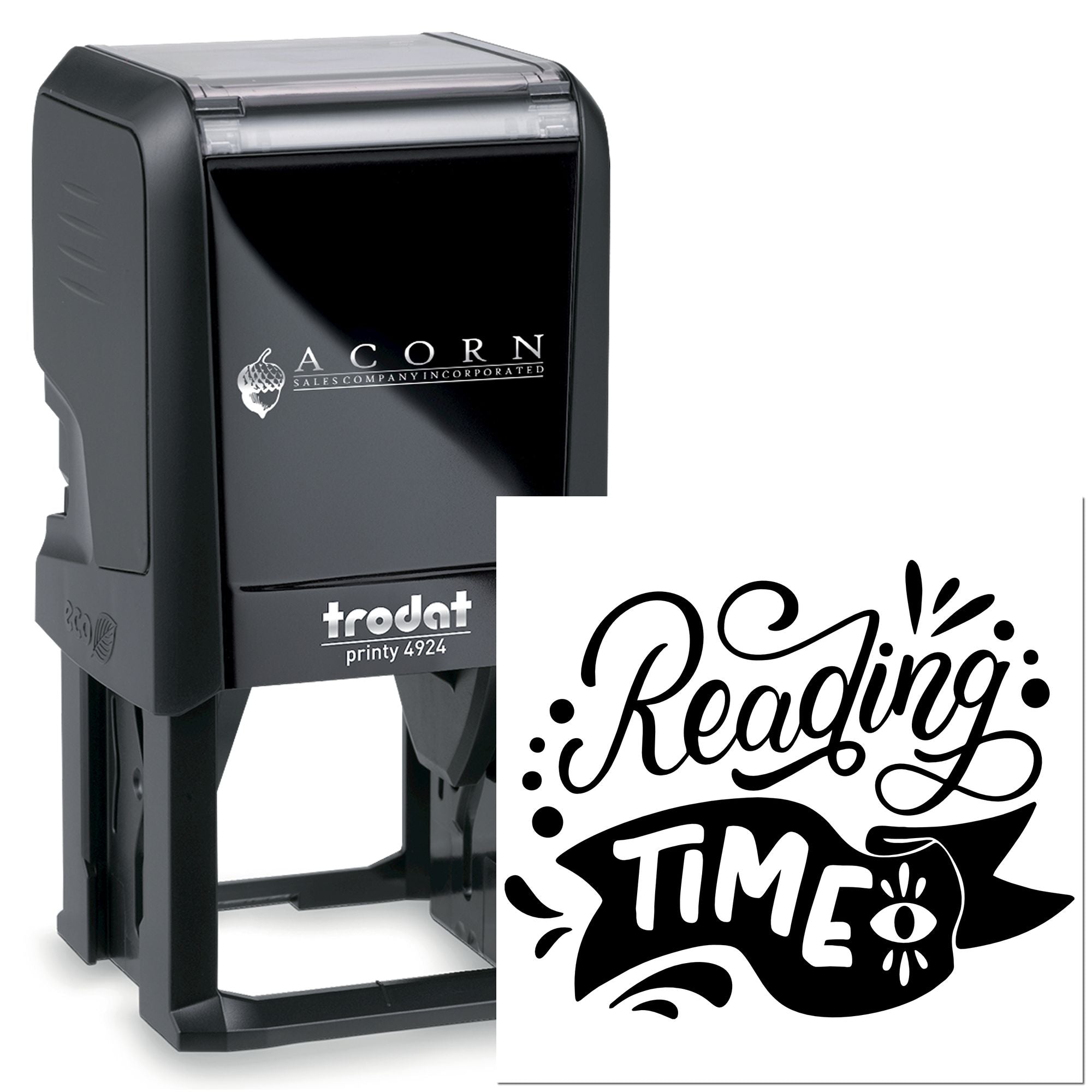 Custom self-inking rubber stamp with Reading Time design, Trodat Printy 4924, ideal for library and teacher use.