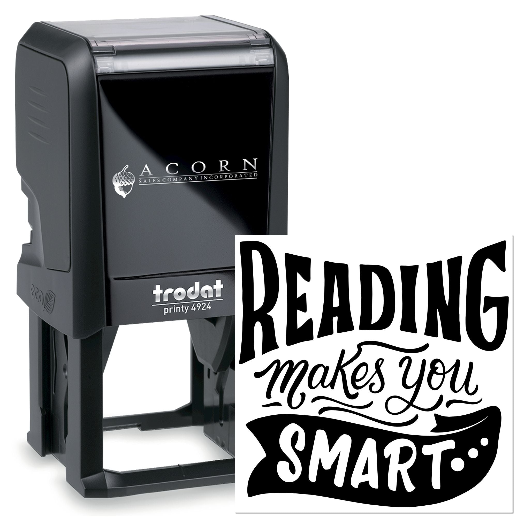Self-inking rubber stamp with Reading Makes You Smart imprint, ideal for teacher rewards and classroom reading programs.