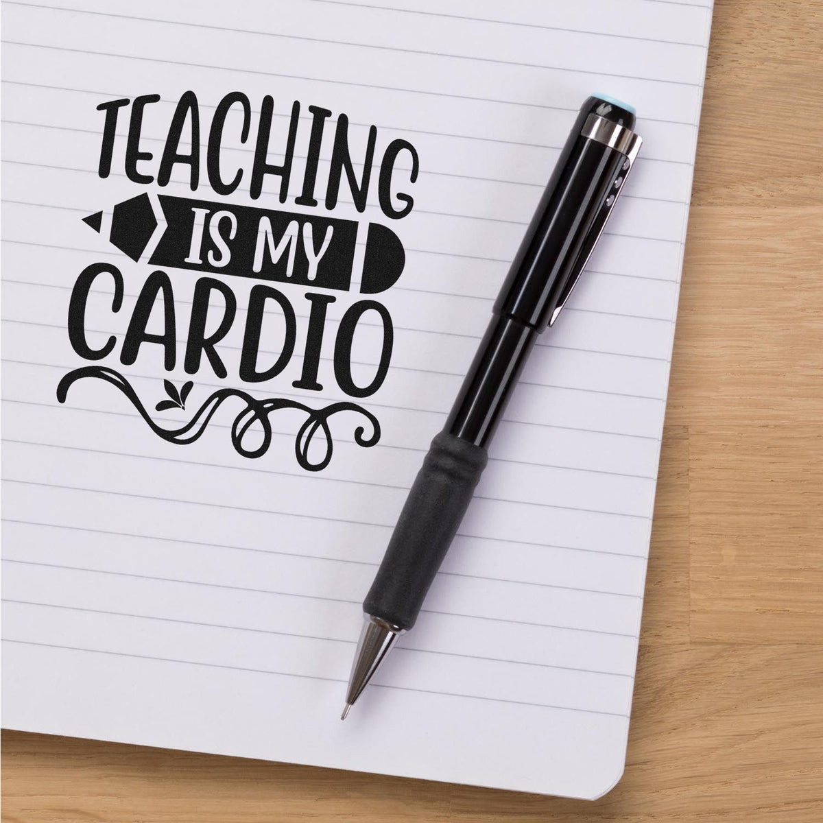 Teaching is My Cardio rubber stamp for teachers, ideal for classroom crafts, planner pages, and school projects.